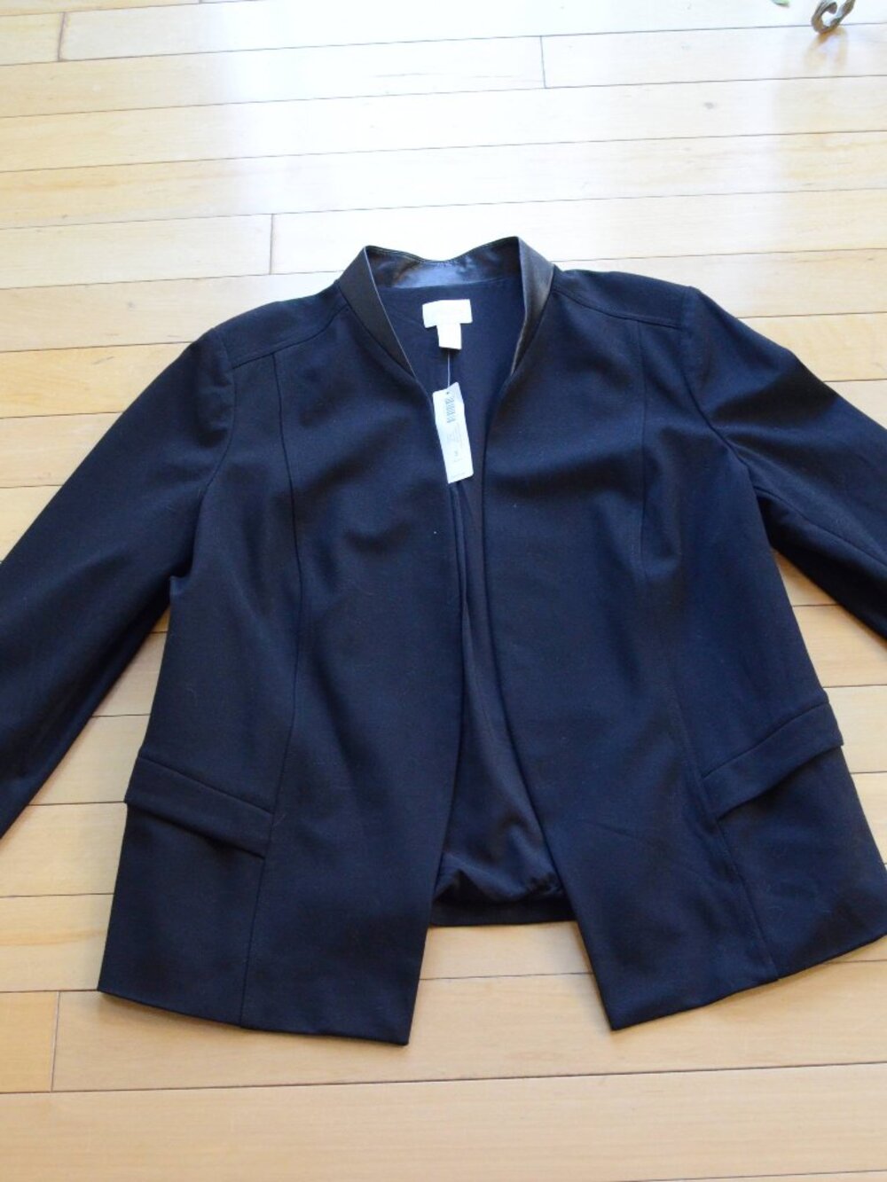 Chico’s Women’s Faux Leather Collar Ponte Blazer Jacket LS Black Size 3 NWT